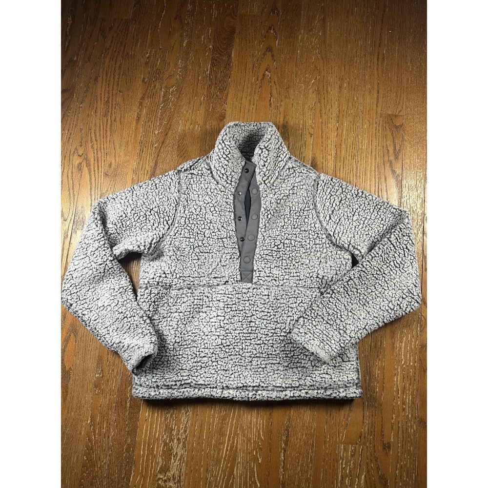 PrAna Fleece Jacket Womens Small Gray Sherpa Snap Front‎ Drawstring Hem Pockets